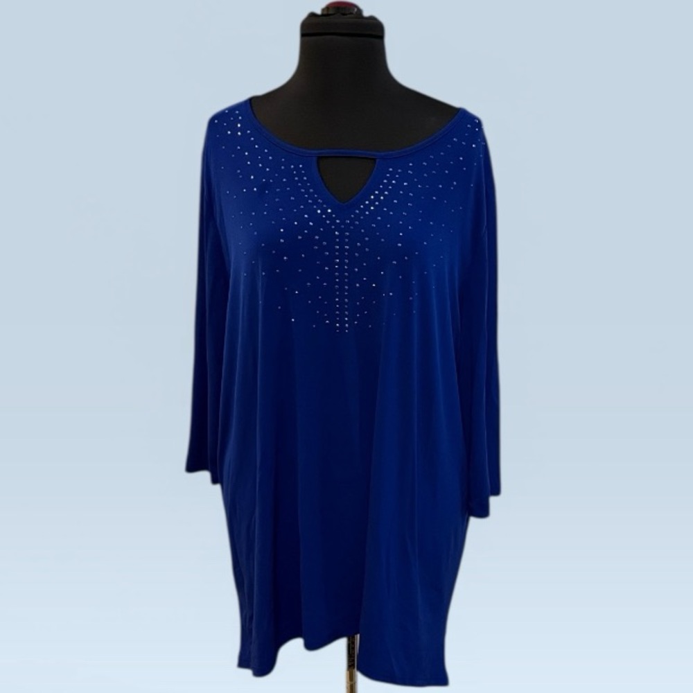 Catherines Royal Blue Long Sleeve Keyhole Top with Rhinestones